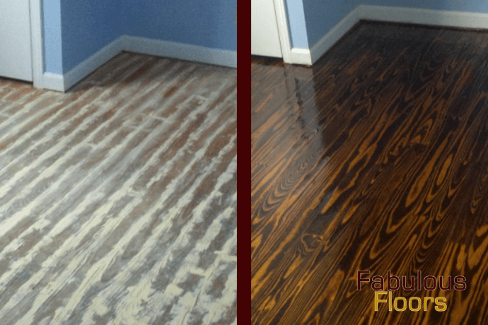 A before and after shot of a hardwood floor refinishing in Canton, MI