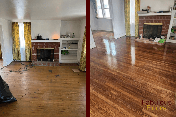 before and after floor refinishing in a living room in livonia, mi