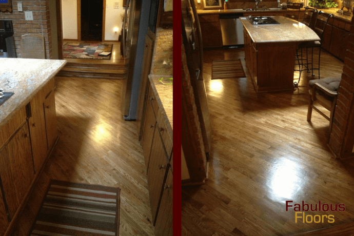 before and after of a hardwood resurfacing job in a livonia kitchen
